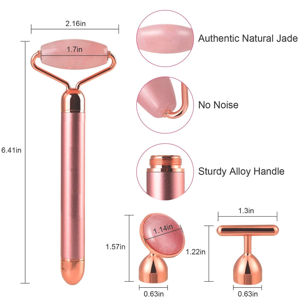 3 In 1 Quartz Vibrating Facial Jade Roller Massager Anti Wrinkles Skin Tightening 24k Golden Pulse Anti-Aging Facial Beauty Set