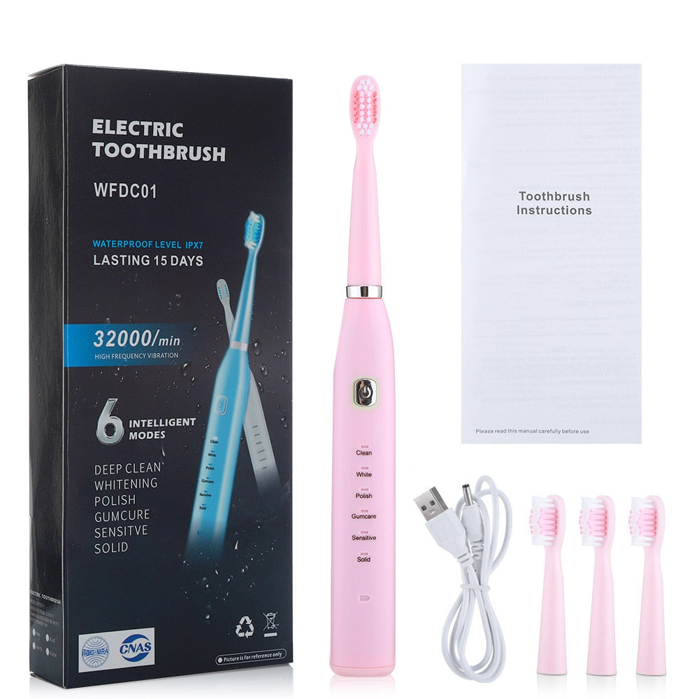 Electric Toothbrush USB Rechargeable Professional 6 Modes 6 Speeds Dental Care Waterproof Toothbrush Soft Bristles Teeth Whiten