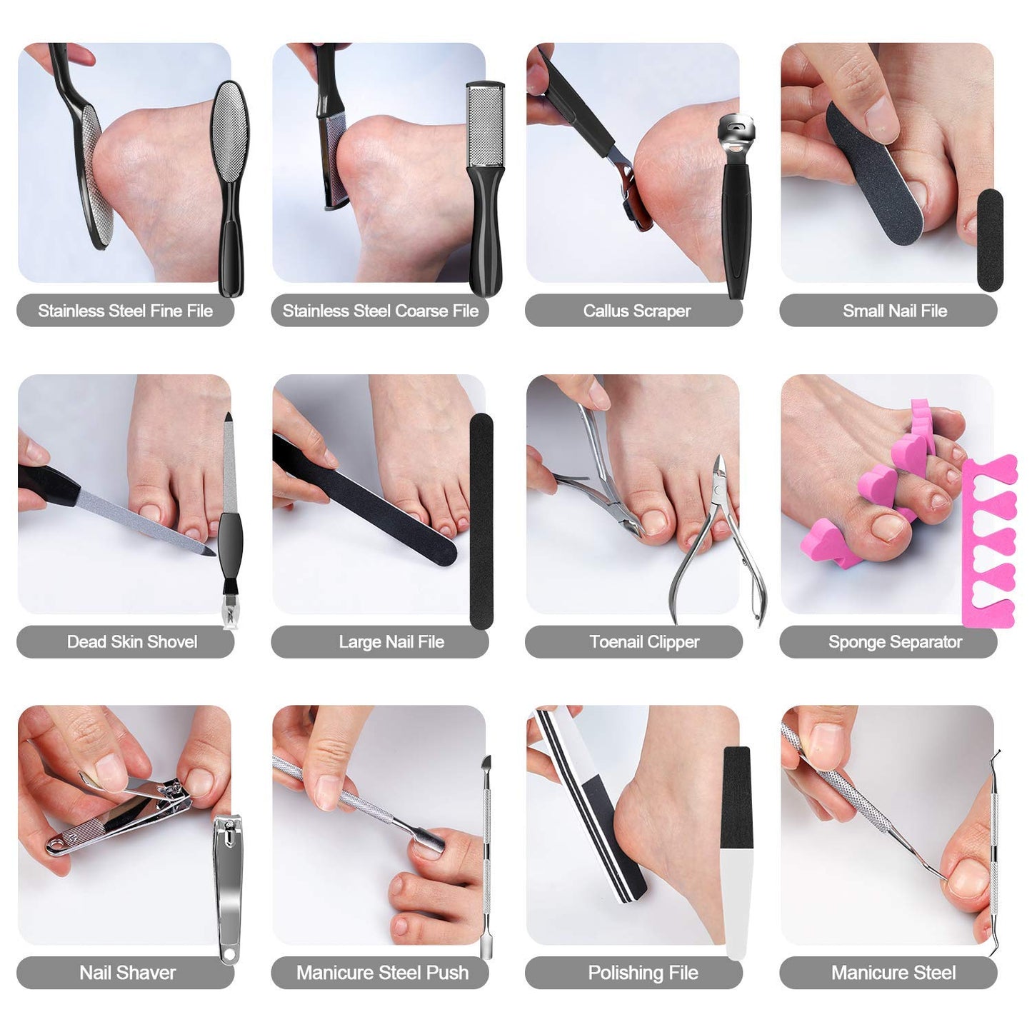 Pedicure Kit 20 in 1 Black Stainless Steel Professional Pedicure Tools Set Foot Rasp Peel Callus Dead Skin Remover Foot Care