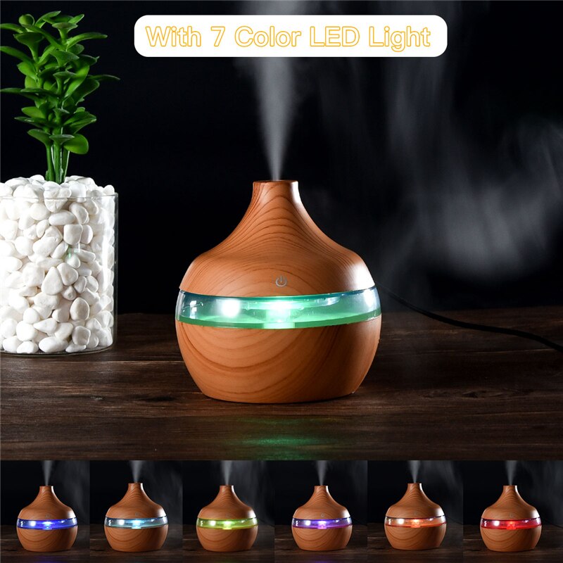 300ml USB Electric Ultrasonic Air Humidifier Wood Grain 7 Color LED Lights Essential Oil Aroma Diffuser Office Home