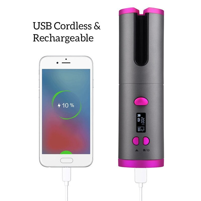 Cordless Automatic Hair Curler Iron Wireless Curling Iron USB Rechargeable Hair Curler For Curls Waves LCD Display Ceramic Curly