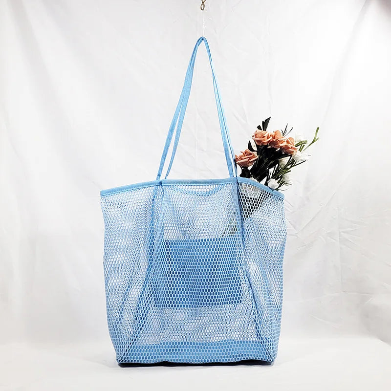 Spring Summer Solid Color Hollow Mesh Tote Bag Large Capacity Travel Shoulder Tote Bag Daily Beach Swimming Gym Shopping Bag