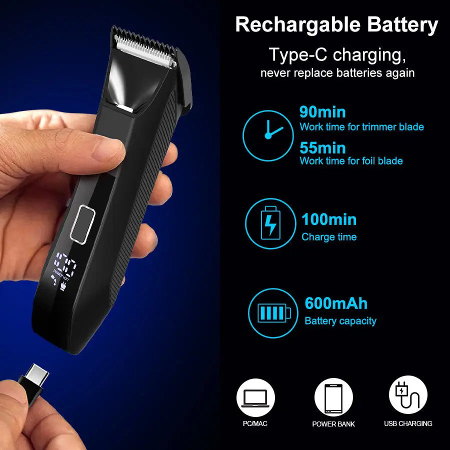 Groin Body Hair Trimmer Dual Head Skin Safe Trimmer Foil Blades Waterproof Wet Dry Groomer USB-C Rechargeable Ball Shaver