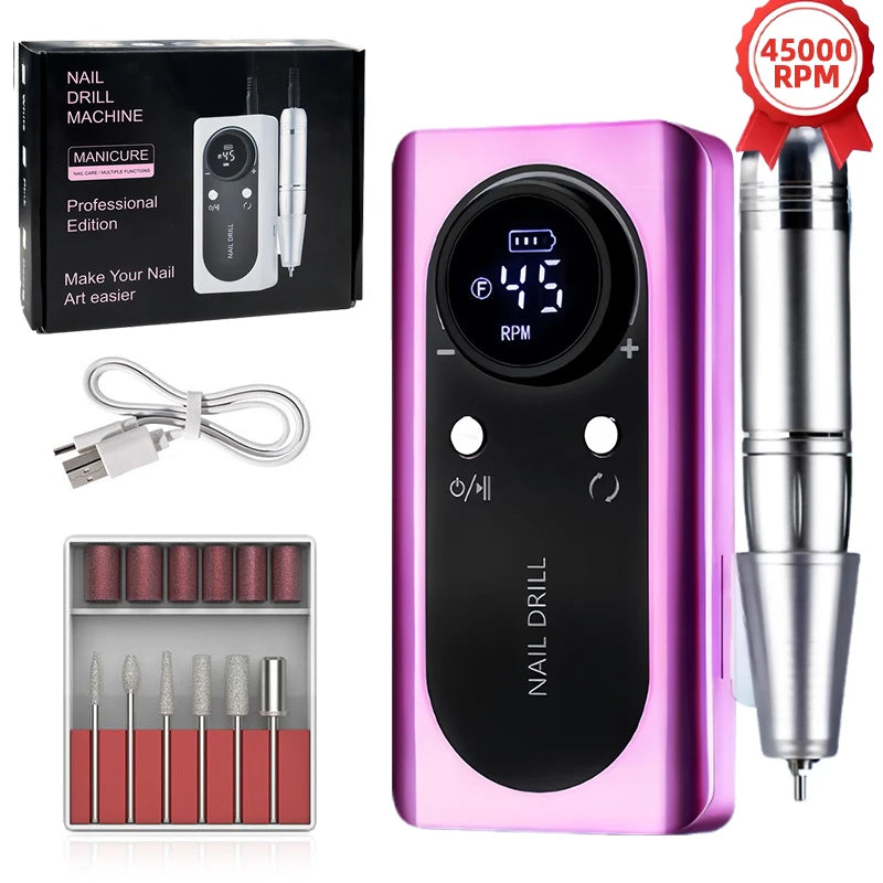 45000RPM Nail Drill Machine Kit Rechargeable Nail Sander Machine With Pause Mode Professional Electric Nail File for Manicure