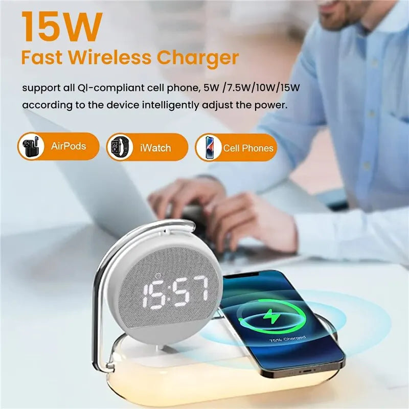 Multifunction Wireless Charger Pad Stand Clock LED Desk Table Lamp Night Light 15W Fast Charging Station Dock for iPhone Samsung
