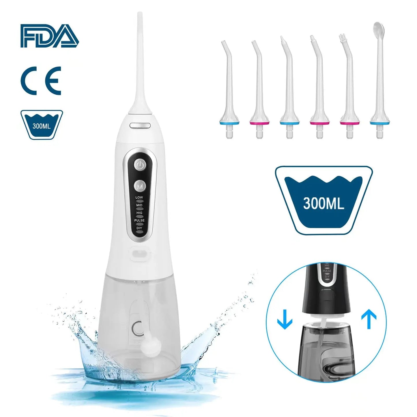 Oral Irrigator 5 Modes USB Rechargeable Portable Dental Water Flosser Jet 300ml Water Tank Teeth Cleaner 6 Jet Nozzle