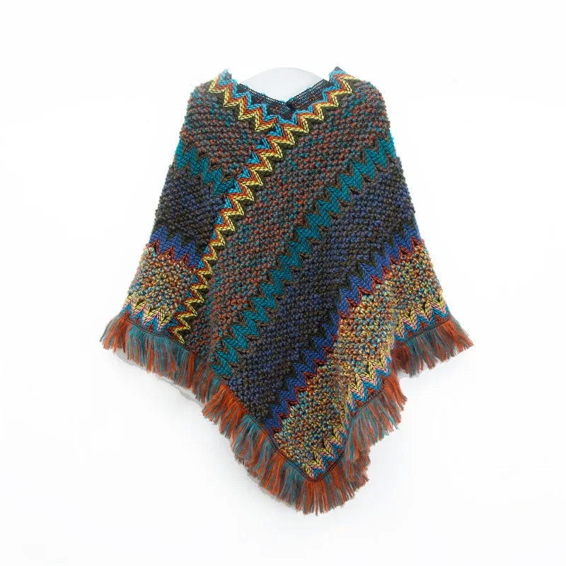 Patchwork Shawl Knitted Striped Print Cardigans Women Poncho Autumn Winter Clothing Sleeveless Sweater Cape Coats