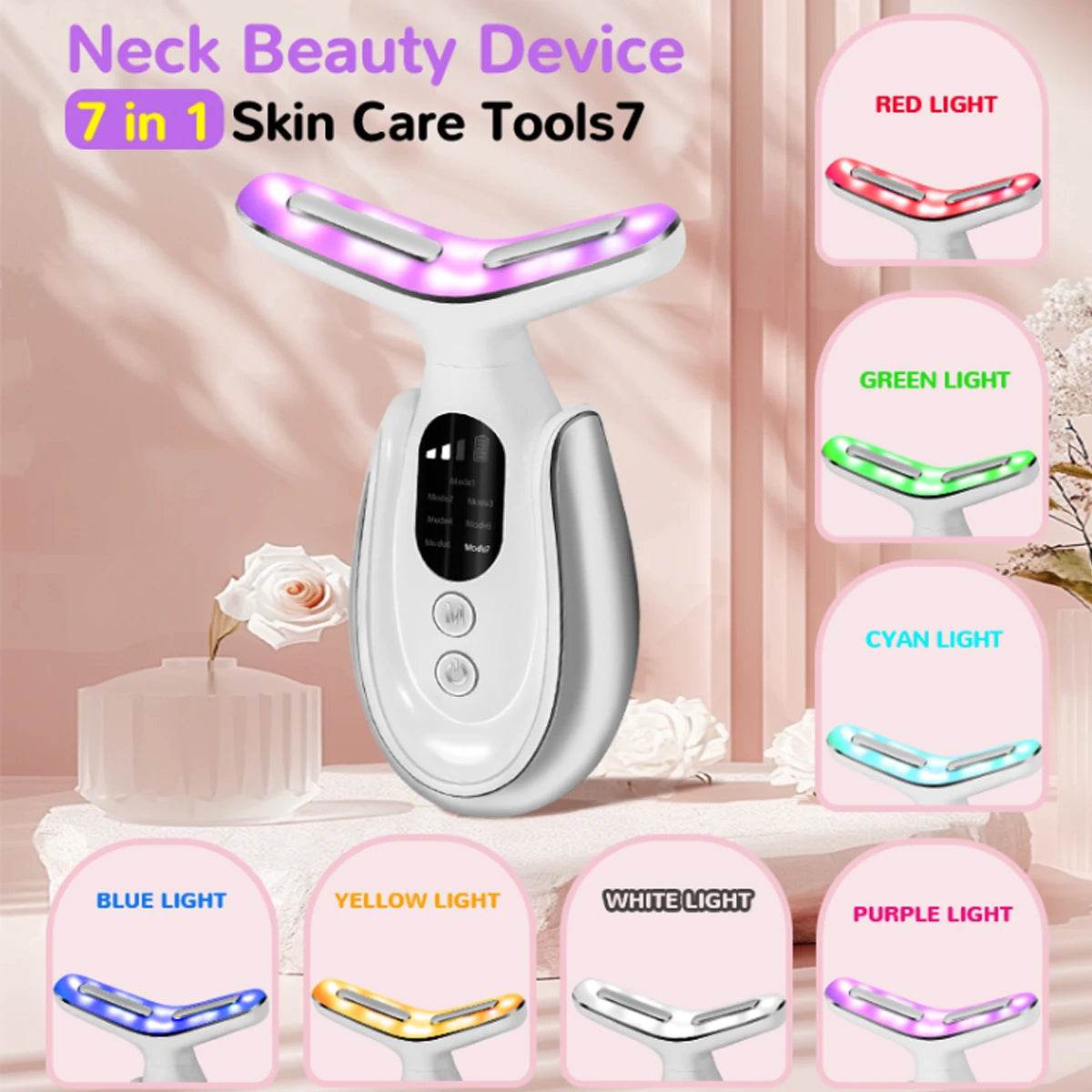 Rechargeable Face and Neck Massager with 7 Colours LED and Heat Mode, Neck and Facial Skin Massage Care Tool
