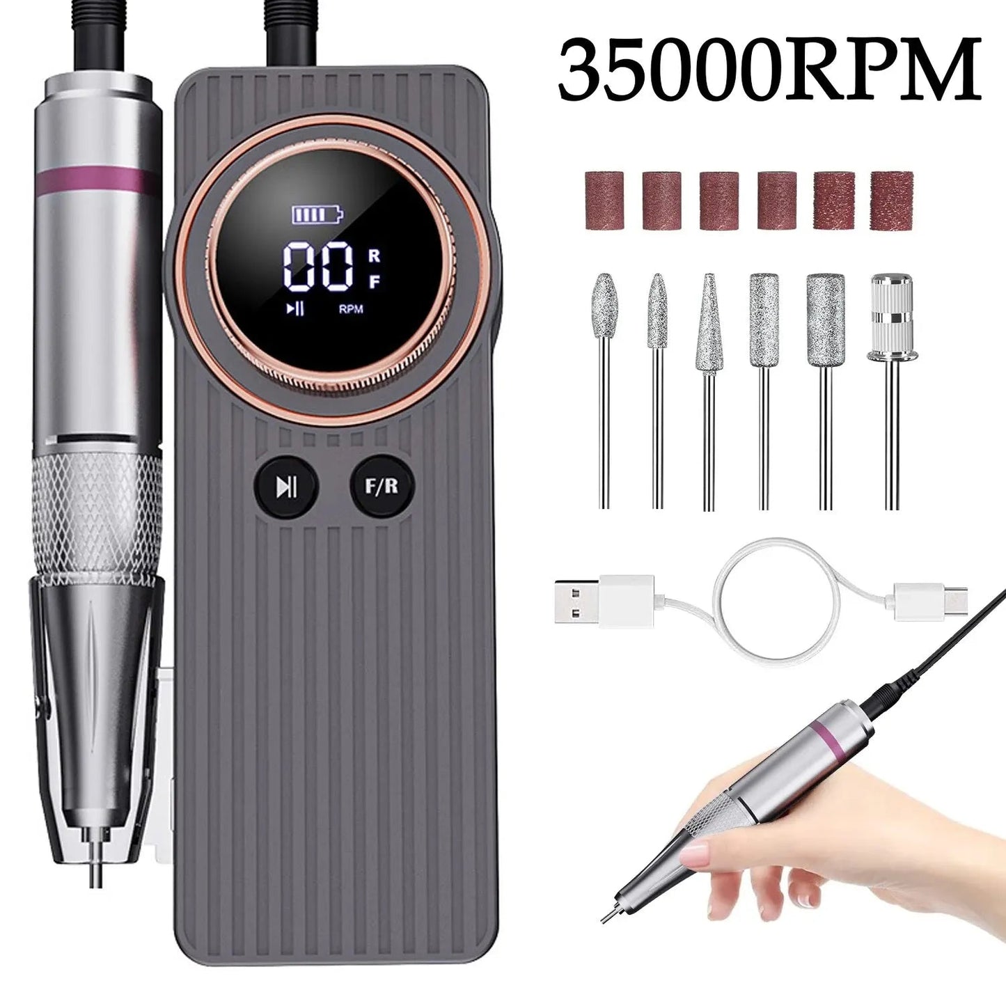 35000RPM Nail Drill Machine Electric Portable Nail File Rechargeable Nail Sander for Gel Nails Polishing For Home Manicure Salon