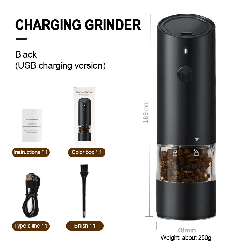 Electric Automatic Salt and Pepper Grinder USB Rechargeable Adjustable Coarseness Refillable Mill Kitchen Tools For BBQ Cooking