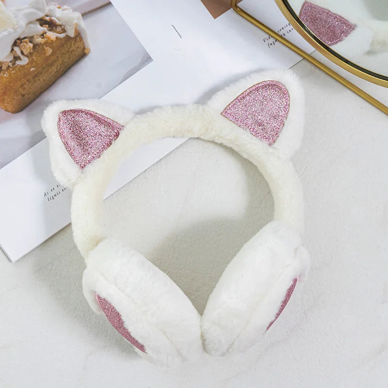 Cute Glitter Cat Ear Earmuff Soft Plush Warmer Winter Warm for Women Men Fashion Solid Earflap Outdoor Cold Protection Ear Cover