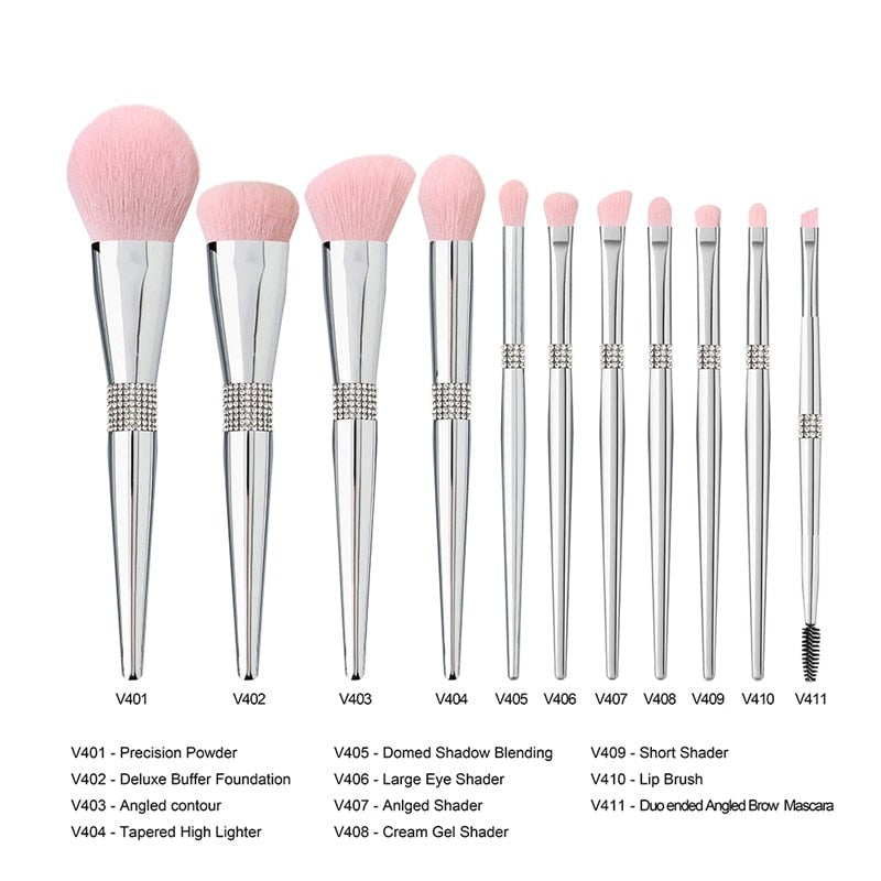 11Pcs Makeup Brushes Set Diamond Cosmetic Brush Powder Foundation Blush Contour Eye Shadow Brow Lashes Silver Beauty Tools