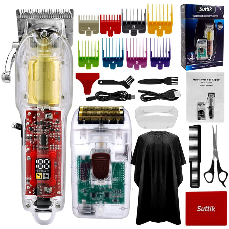 New Transparent Professional Rechargeable Hair Clipper Shaver Grooming Kit Trimmer Beard Razor Hair Cutting Machine Men LCD