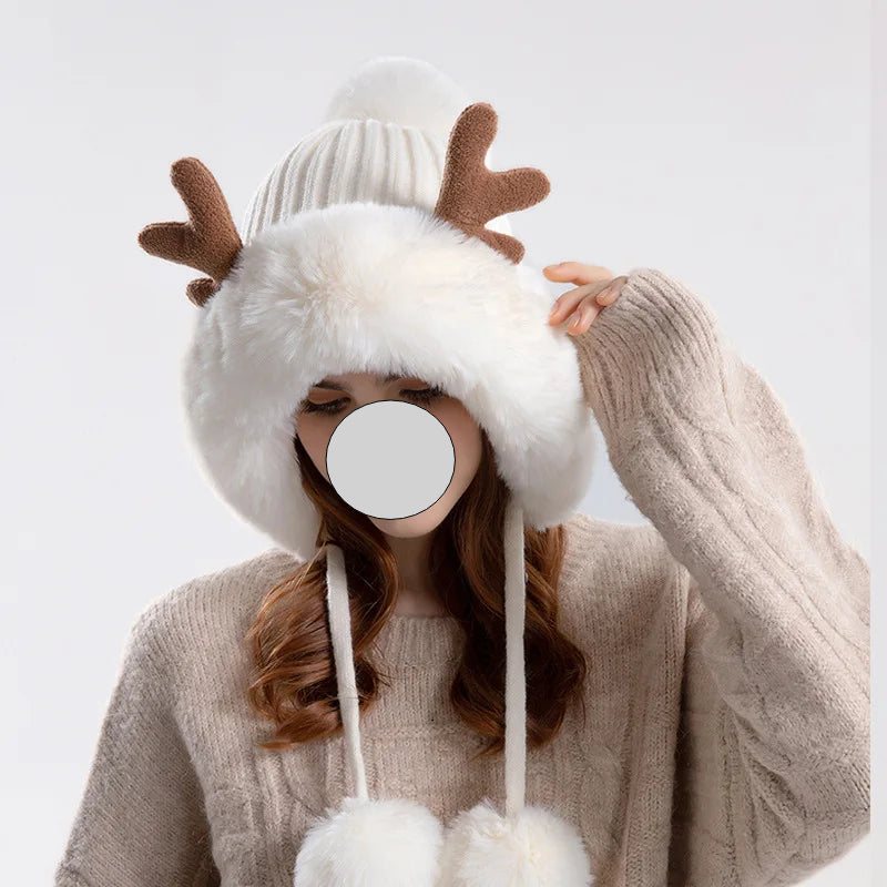 Christmas Deer Horn Knitted Hat Women Winter Outdoor Skiing Cold Proof Plush Ear Protection Woolen Hat
