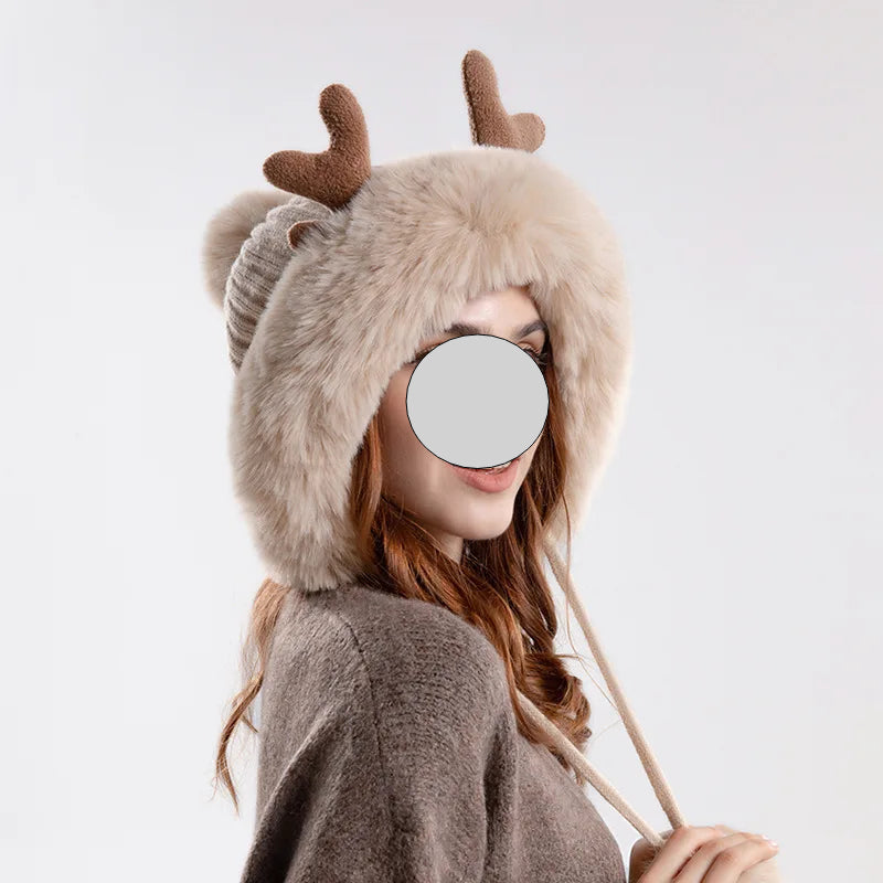 Christmas Deer Horn Knitted Hat Women Winter Outdoor Skiing Cold Proof Plush Ear Protection Woolen Hat