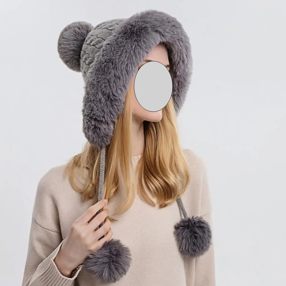 Women Hat Fur Thicken Plush Lining Fluffy Keep Warm with Earflap Three Balls Autumn Winter Ladies Knitted Cap for Outdoor