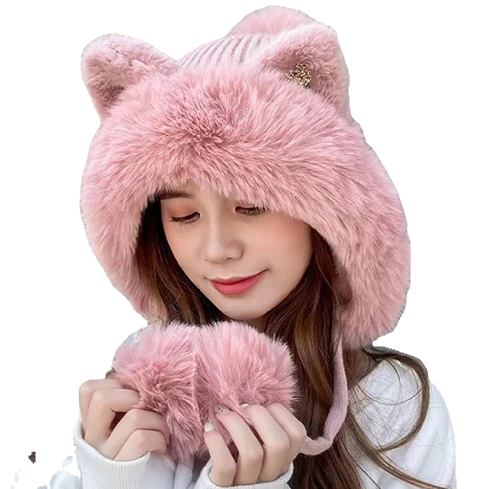 Cute Cat Ears Winter Hat Add Fluff Lined Windproof Warm Beanies With Hairballs Outdoor Ear Protection Luxury Hats For Women