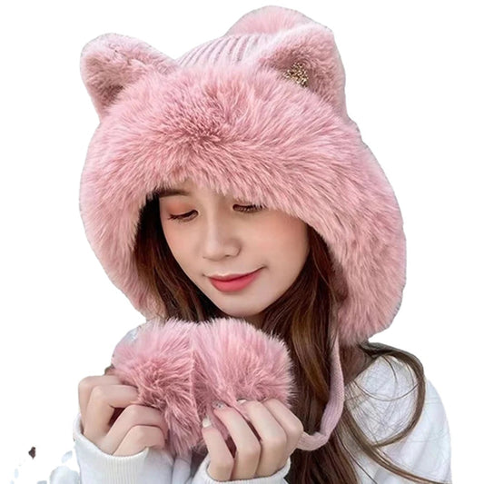 Cute Cat Ears Winter Hat Add Fluff Lined Windproof Warm Beanies With Hairballs Outdoor Ear Protection Luxury Hats For Women
