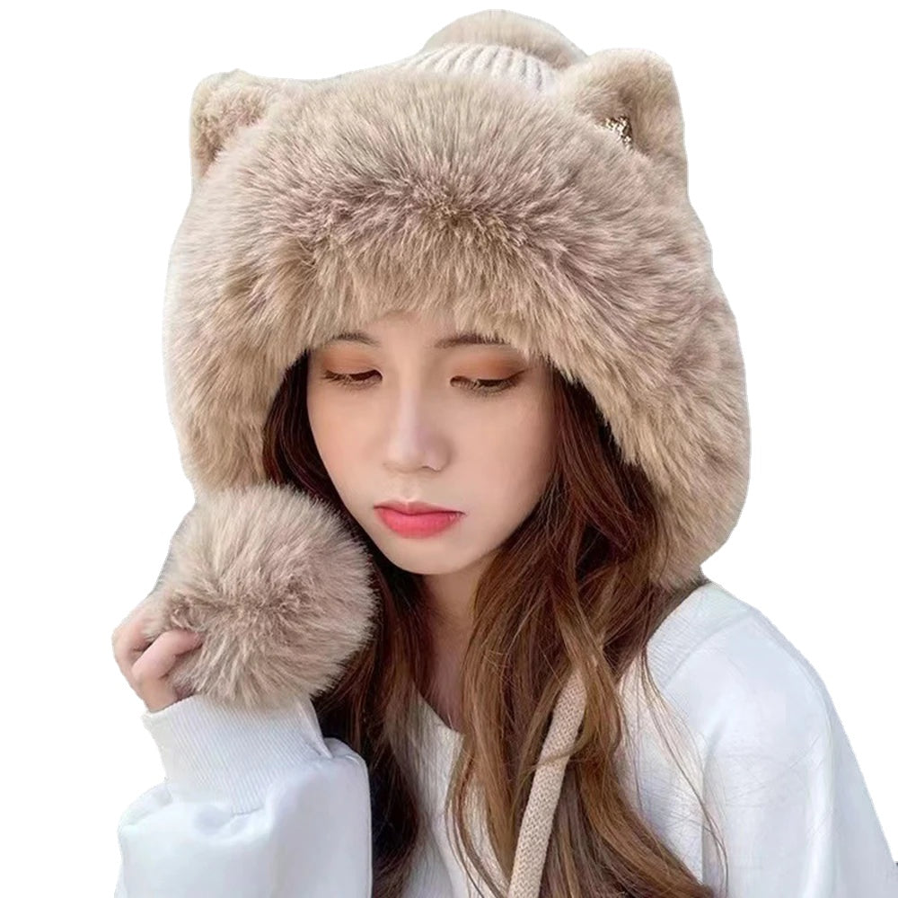 Cute Cat Ears Winter Hat Add Fluff Lined Windproof Warm Beanies With Hairballs Outdoor Ear Protection Luxury Hats For Women