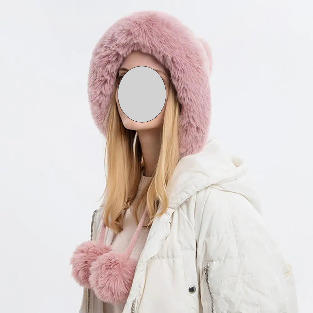 Women Hat Fur Thicken Plush Lining Fluffy Keep Warm with Earflap Three Balls Autumn Winter Ladies Knitted Cap for Outdoor