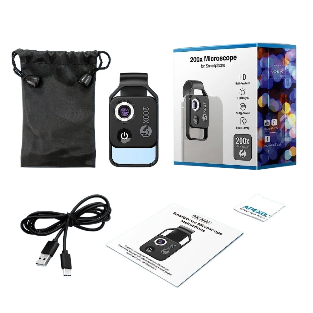 200X Phone Microscope with CPL Lens/LED Light/Universal Clip for IPhone/Andriod Phone To Enjoy Microworld for Kids and Adults