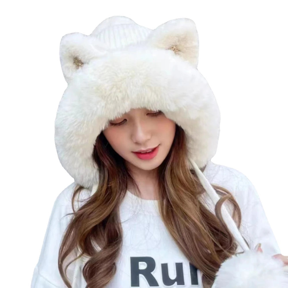 Cute Cat Ears Winter Hat Add Fluff Lined Windproof Warm Beanies With Hairballs Outdoor Ear Protection Luxury Hats For Women