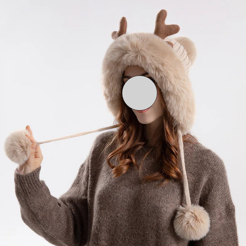 Christmas Deer Horn Knitted Hat Women Winter Outdoor Skiing Cold Proof Plush Ear Protection Woolen Hat