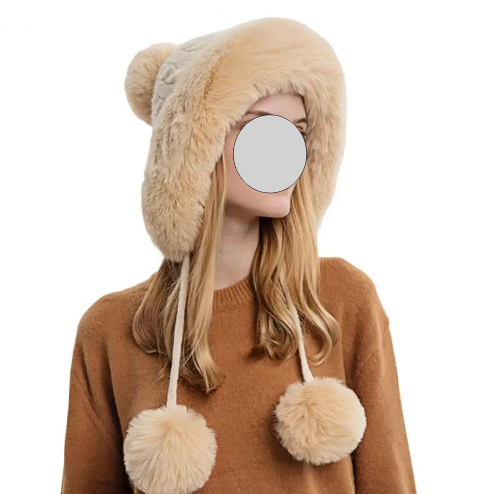 Women Hat Fur Thicken Plush Lining Fluffy Keep Warm with Earflap Three Balls Autumn Winter Ladies Knitted Cap for Outdoor
