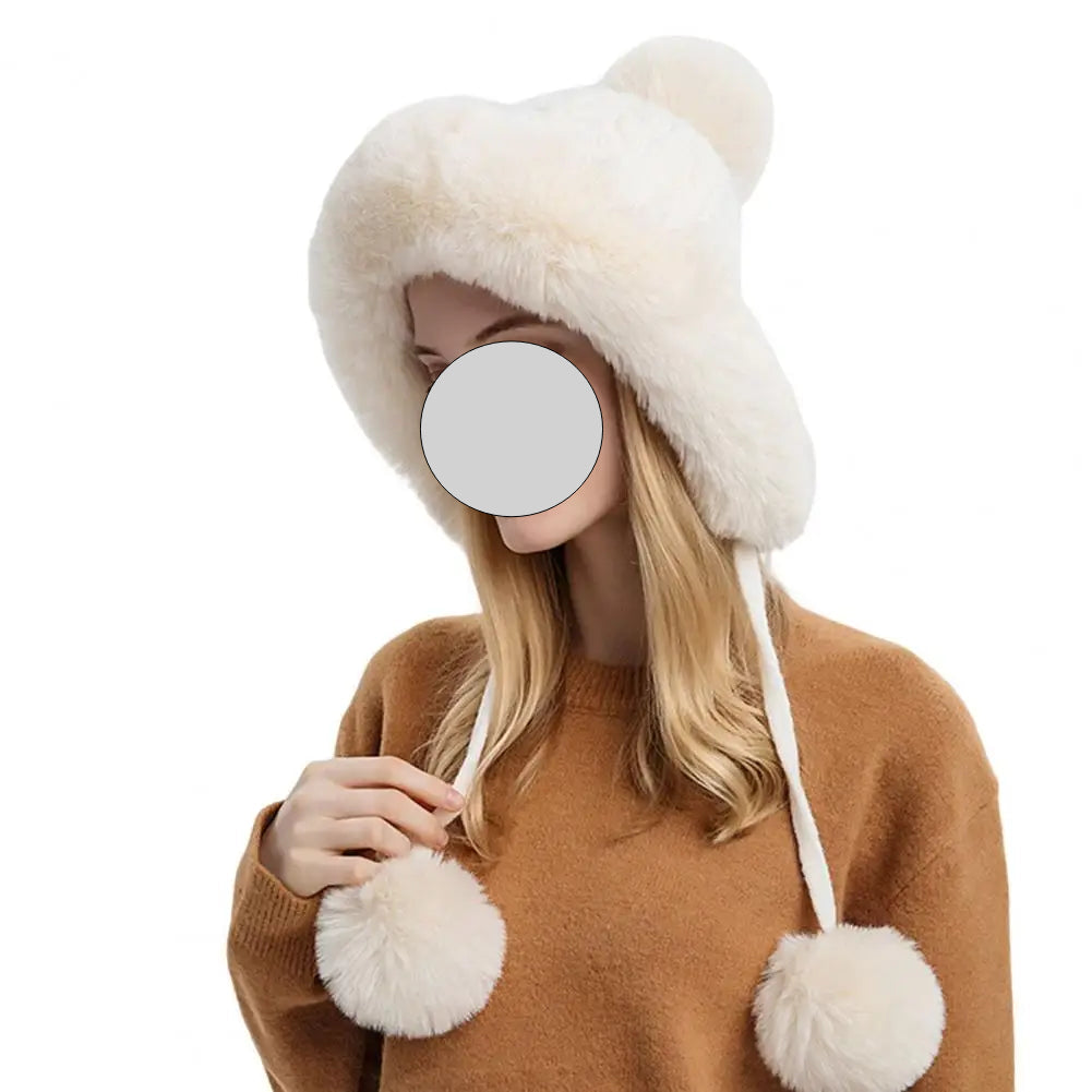Women Hat Fur Thicken Plush Lining Fluffy Keep Warm with Earflap Three Balls Autumn Winter Ladies Knitted Cap for Outdoor