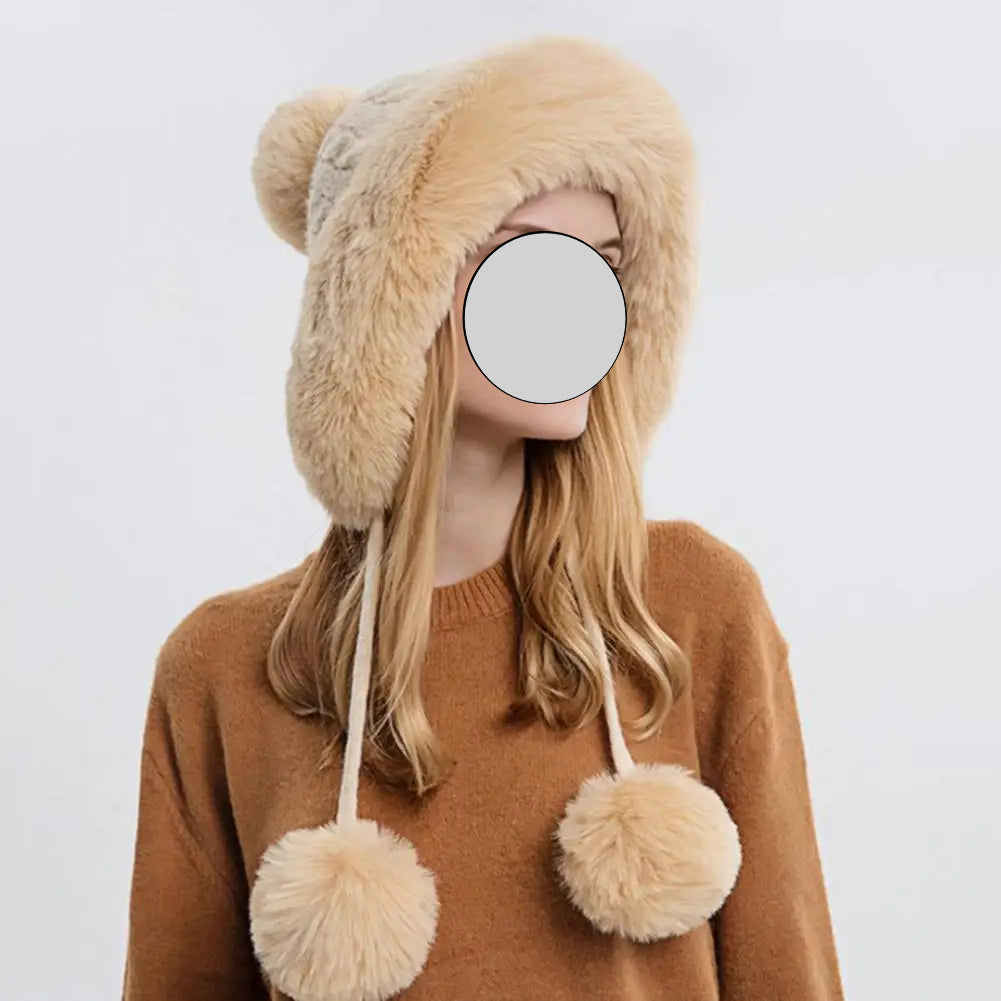 Women Hat Fur Thicken Plush Lining Fluffy Keep Warm with Earflap Three Balls Autumn Winter Ladies Knitted Cap for Outdoor