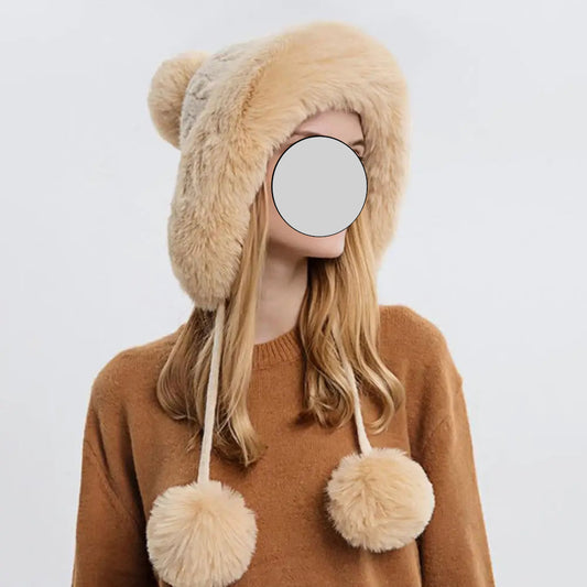 Women Hat Fur Thicken Plush Lining Fluffy Keep Warm with Earflap Three Balls Autumn Winter Ladies Knitted Cap for Outdoor