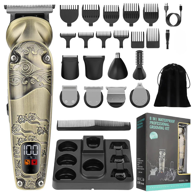 Professional IPX6 Waterproof Hair Trimmer Set 1200mAh Battery Men Rechargeable Cordless 8 in 1 Beard Hair Clipper