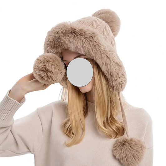 Women Hat Fur Thicken Plush Lining Fluffy Keep Warm with Earflap Three Balls Autumn Winter Ladies Knitted Cap for Outdoor