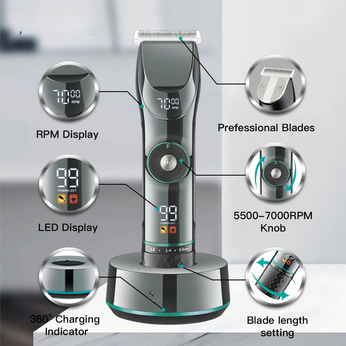 Hair Cutting Machine Adjustable Hair Trimmer Cordless Clipper Electric Barber LED Display Trimmer for Men with Base