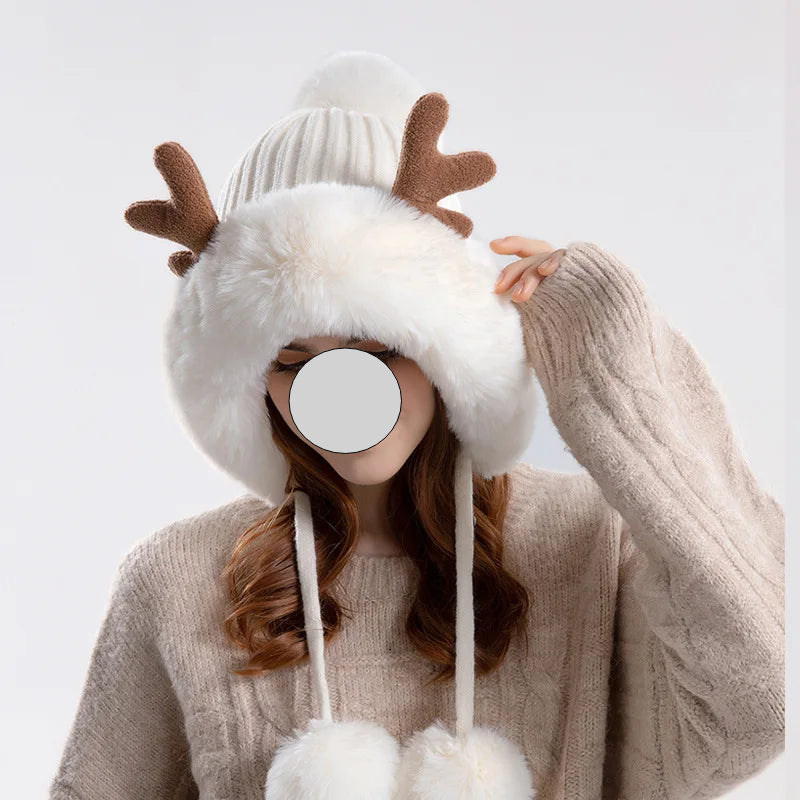 Christmas Deer Horn Knitted Hat Women Winter Outdoor Skiing Cold Proof Plush Ear Protection Woolen Hat