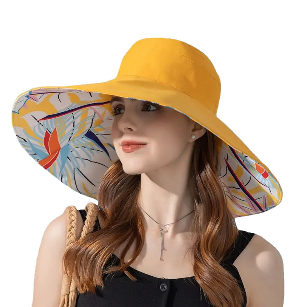 Cotton Women Fisherman Hat Fashion Large Brim Breathable Sun Hat Double-sided Plant Printing Bucket Hat