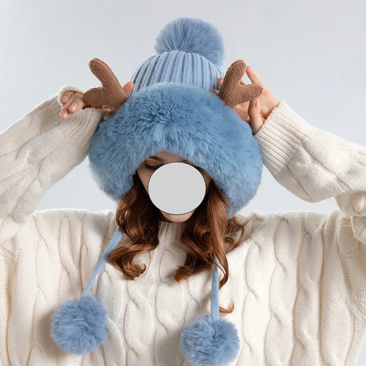 Christmas Deer Horn Knitted Hat Women Winter Outdoor Skiing Cold Proof Plush Ear Protection Woolen Hat