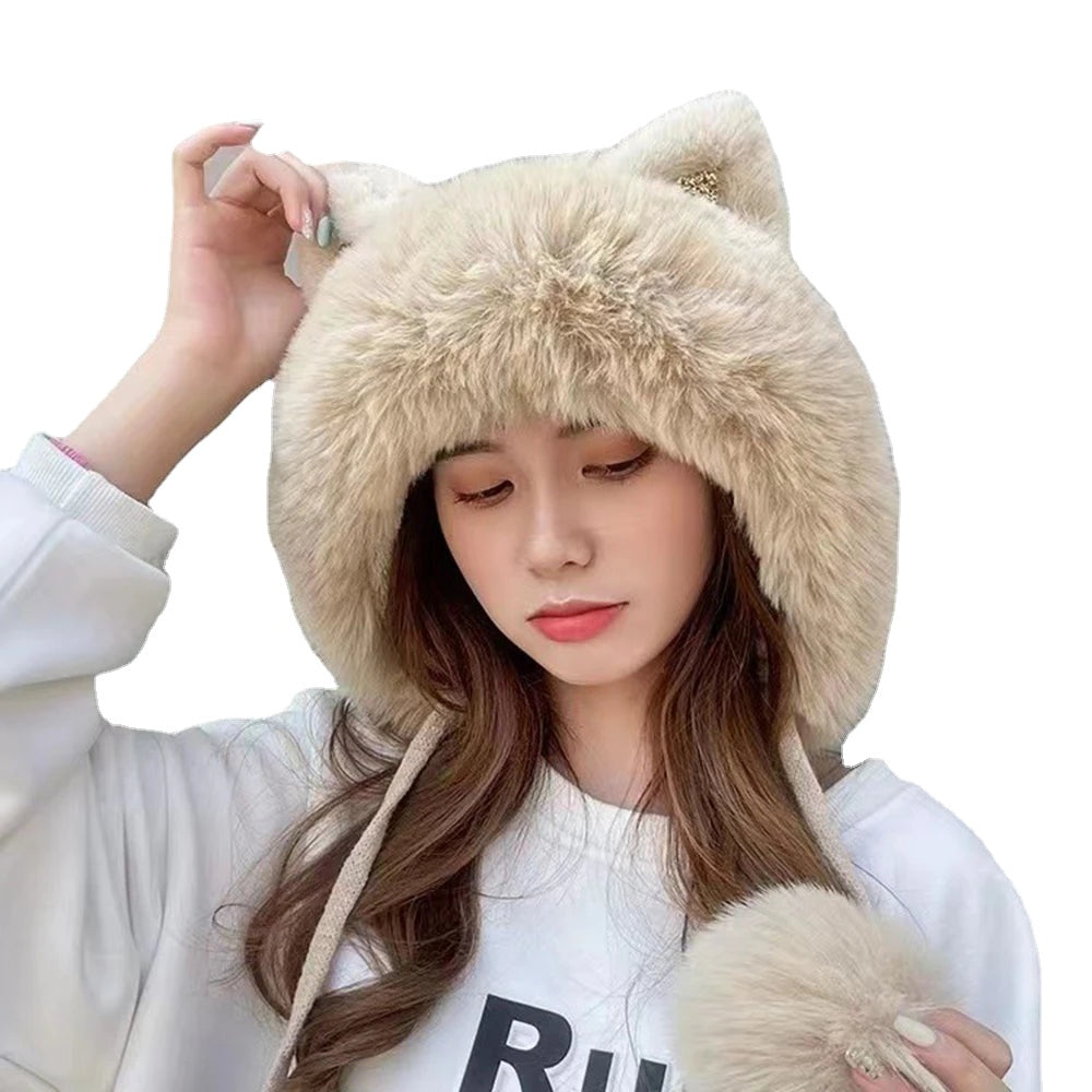 Cute Cat Ears Winter Hat Add Fluff Lined Windproof Warm Beanies With Hairballs Outdoor Ear Protection Luxury Hats For Women