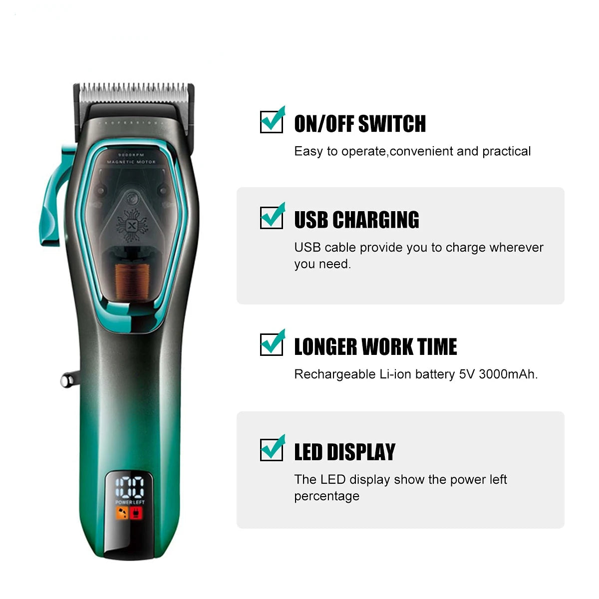 Hair Trimmer Professional Hair Clipper Rechargeable Haircut Machine 9000 RPM Hair Clipper Cordless Trimmer for Men