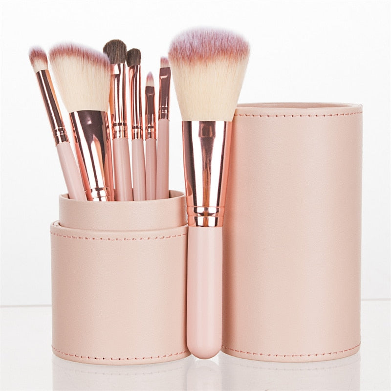 7PC Makeup Brush Set With Case Organizer Pink Blush Eyeshadow Concealer Lip Cosmetics Make up For Powder Foundation Beauty Tools