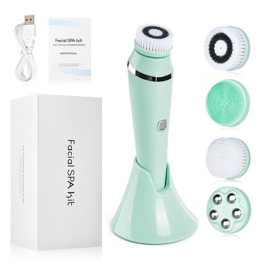 4 in 1 Facial Cleansing Brush Rechargeable Electric Waterproof Spin Sonic Exfoliating Face Scrubber Brush Kit Skin Care