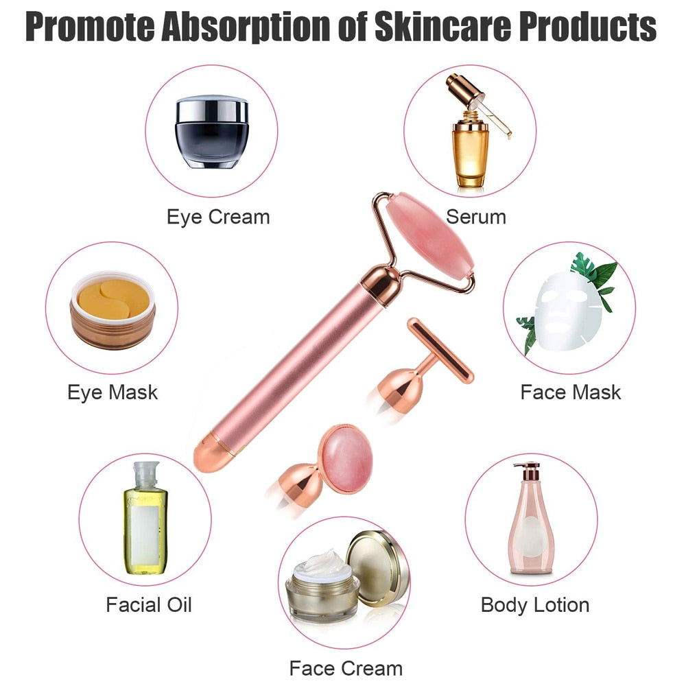3 In 1 Quartz Vibrating Facial Jade Roller Massager Anti Wrinkles Skin Tightening 24k Golden Pulse Anti-Aging Facial Beauty Set