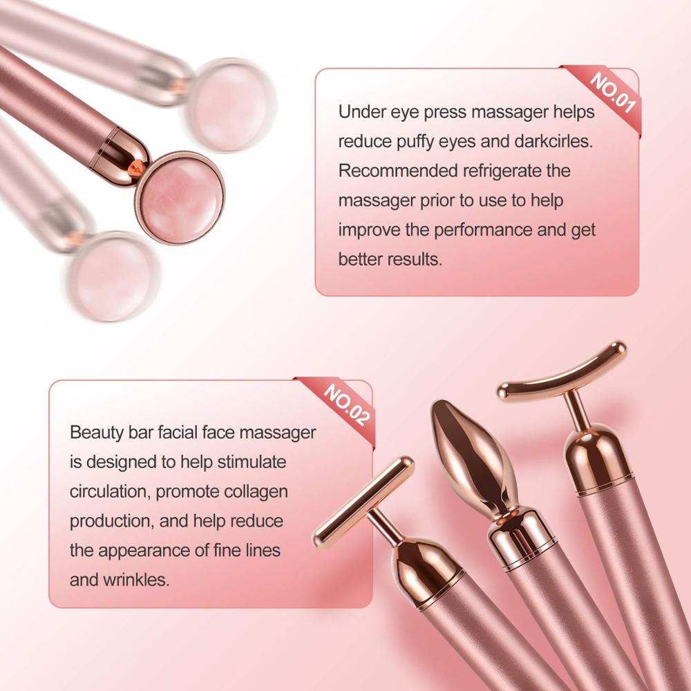 4 in 1 Vibrating Rose Quartz Roller Face Roller Eye Massager Jade Roller T/V Shaped Face Lifting Slimming Beauty Bar Massager