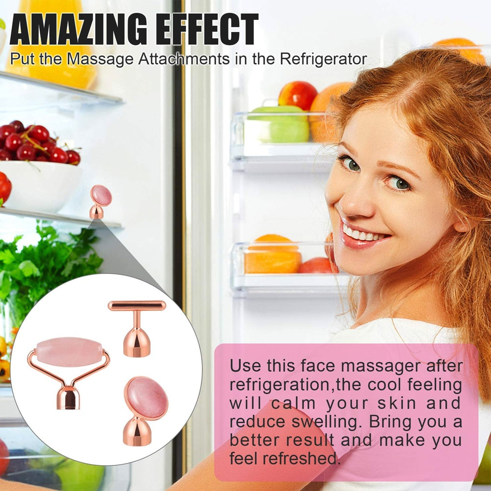 3 In 1 Quartz Vibrating Facial Jade Roller Massager Anti Wrinkles Skin Tightening 24k Golden Pulse Anti-Aging Facial Beauty Set