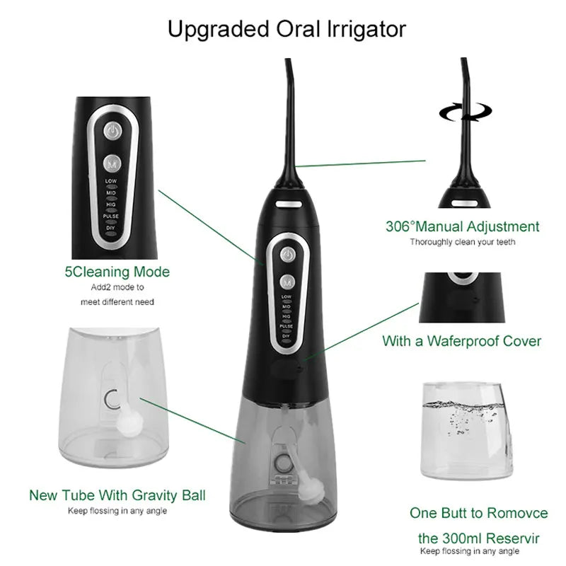 Oral Irrigator 5 Modes USB Rechargeable Portable Dental Water Flosser Jet 300ml Water Tank Teeth Cleaner 6 Jet Nozzle
