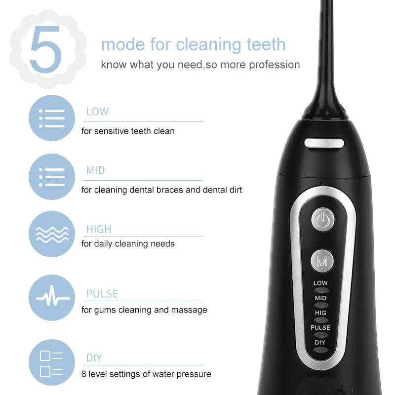 Oral Irrigator 5 Modes USB Rechargeable Portable Dental Water Flosser Jet 300ml Water Tank Teeth Cleaner 6 Jet Nozzle