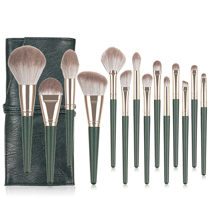 14pcs Green Cloud Makeup Brushes Cosmetics Tools Set Wooden Handle Foundation Eyeshadow Smudge Beauty Fan Highlight