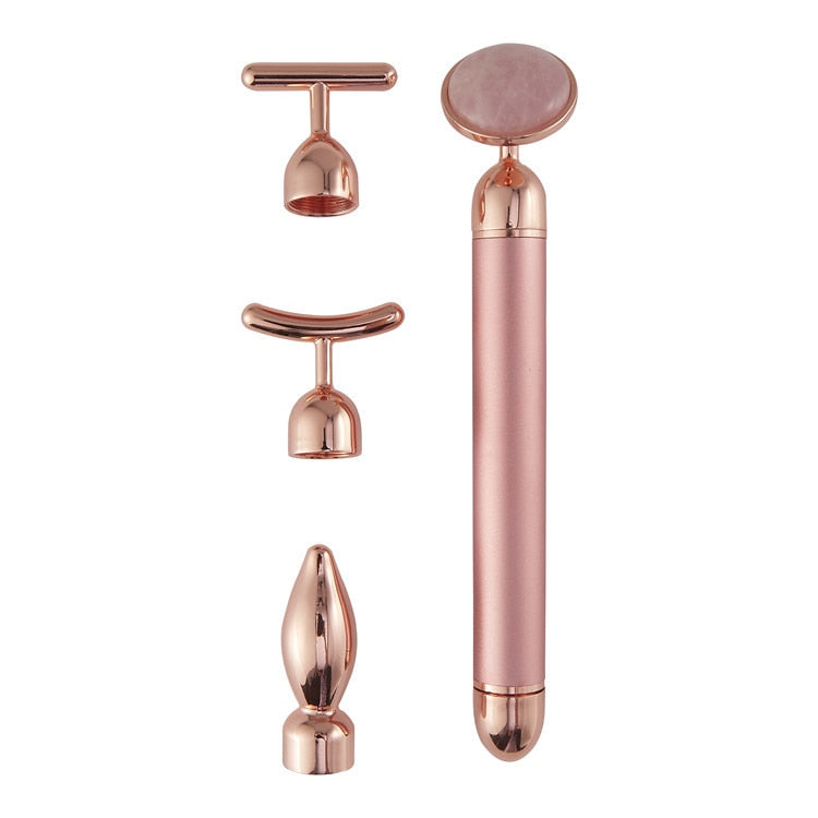 4 in 1 Vibrating Rose Quartz Roller Face Roller Eye Massager Jade Roller T/V Shaped Face Lifting Slimming Beauty Bar Massager
