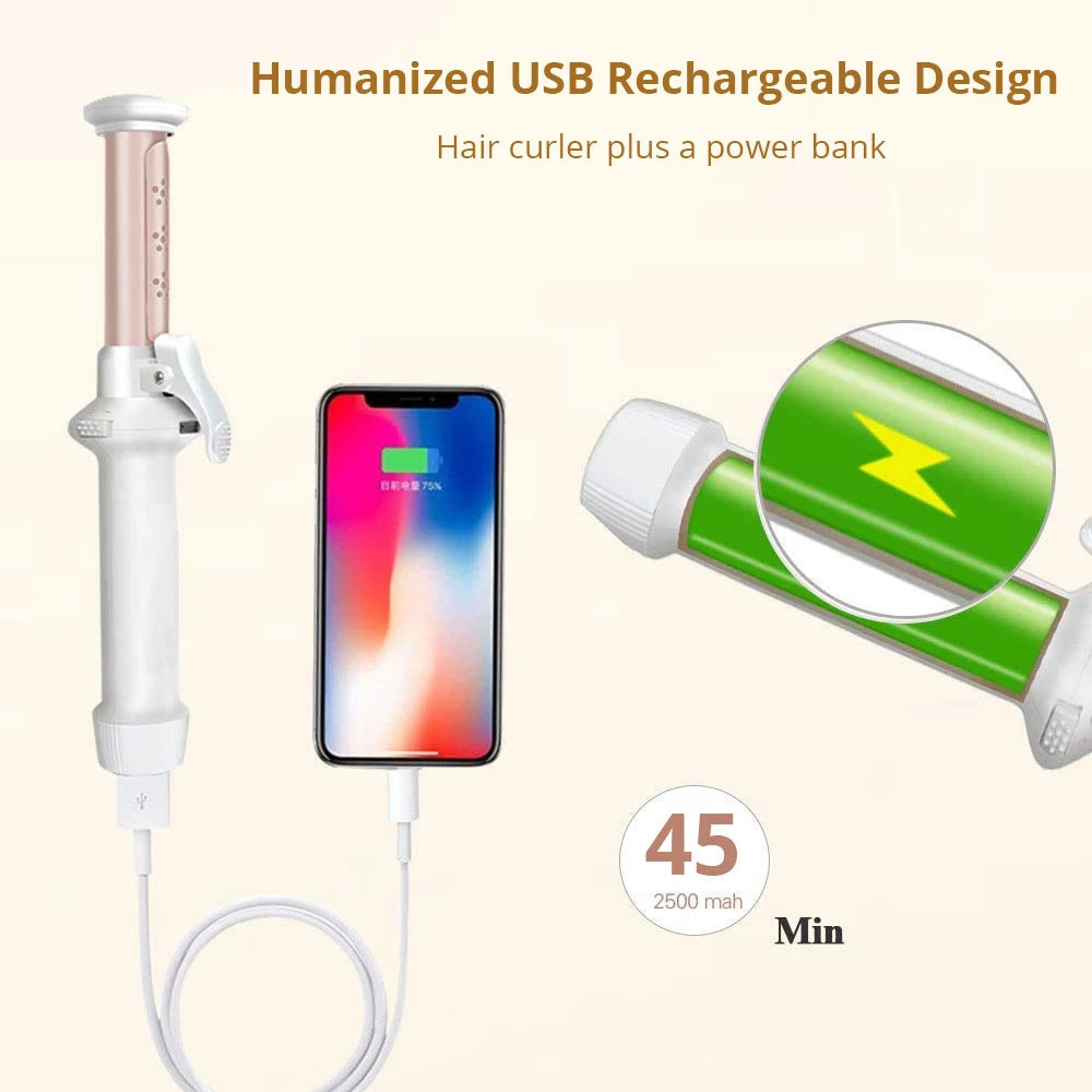 Wireless USB Hair Curler Fast Heating Curling Iron Mini Ceramic Hair Curler Curling Irons with Fast Chargerable Cord