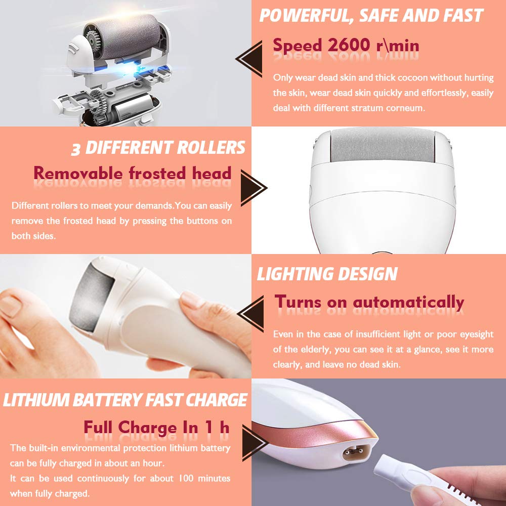 Electric Foot Callus Remover Portable Electronic Foot File Pedicure Tools Pedicure with 3 Rollers USB Rechargeable Foot Care
